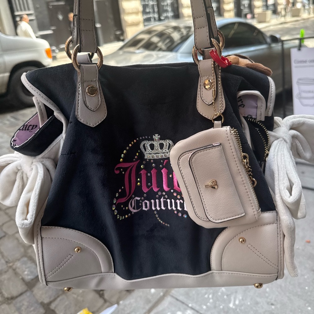 Juicy Couture Black and Cream Tote Bag with ribbon on both side